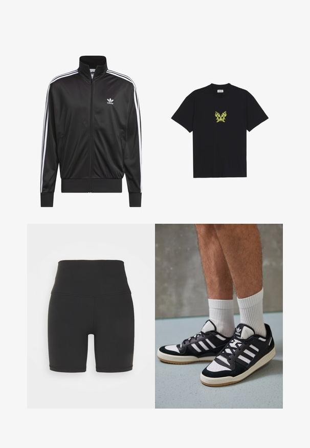 Chaqueta negra de poliéster con cremallera y alto cuello, diseño de tres rayas blancas a lo largo de las mangas y pequeño logo blanco de Adidas en el lado izquierdo del pecho.; Camiseta de algodón negra con un pequeño gráfico de mariposa con patrón de llamas amarillas en el pecho. Cuello redondo, mangas cortas.; Shorts deportivos negros de cintura alta hechos de una tela elástica, con una textura suave, un corte corto y detalles de costura resistentes.; Zapatillas en blanco y negro con parte superior de ante y cuero, que presentan tres franjas blancas, una puntera perforada y una suela de goma.
