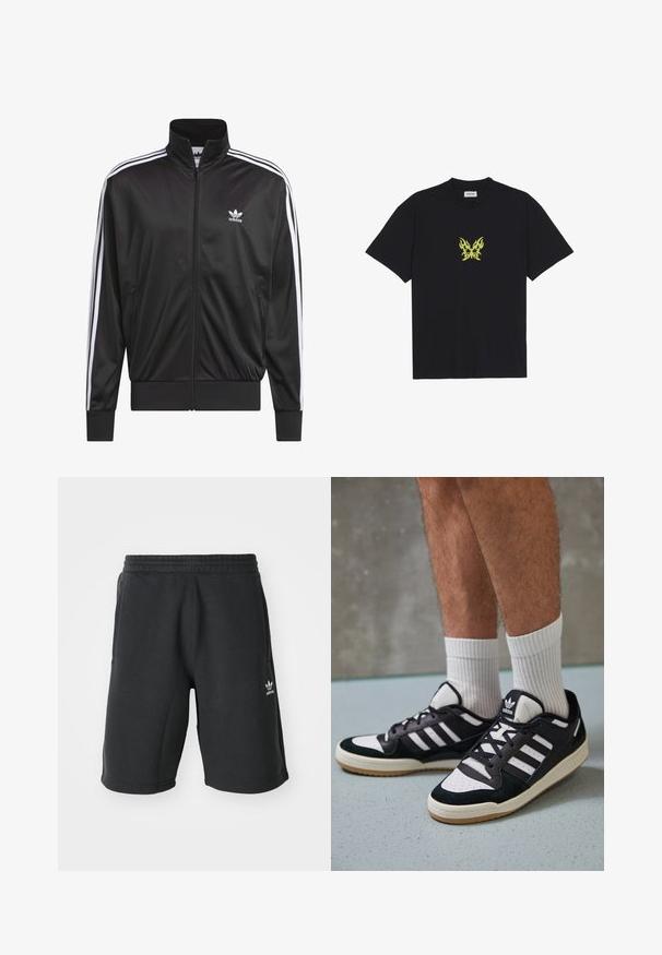 Jaqueta preta em poliéster com fecho, gola alta, design de três riscas brancas nas mangas e pequeno logótipo Adidas branco no lado esquerdo do peito.; T-shirt de algodão preto com um pequeno gráfico de borboleta em padrão de chama amarela no peito. Decote redondo, mangas curtas.; Calções pretos de jersey com uma cintura elástica, bolsos laterais e logótipo da Adidas em branco na parte inferior esquerda. Tecido macio e corte até ao joelho.; Ténis em preto e branco com upper em camurça e couro, apresentando três riscas brancas, um toe perfurado e uma sola em borracha de goma.
