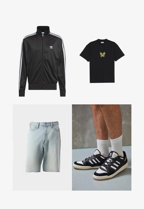 Black polyester zip-up jacket with high collar, white three-stripe design along sleeves, and small white Adidas logo on left chest.; Black cotton t-shirt featuring a small, yellow flame-patterned butterfly graphic on the chest. Crew neckline, short sleeves.; Light blue denim shorts with a high waist, five pockets, and a button closure. Fabric has a slightly worn texture and faded appearance.; Black and white sneakers with a suede and leather upper, featuring three white stripes, a perforated toe, and a gum rubber sole.