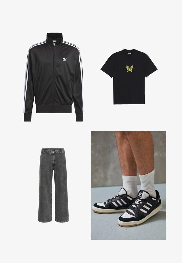 Mustad polüestrist tõmbluku jack, millel on kõrge krae, valge kolmest triibust koosnev disain varrukatel ja väike valge Adidas'i logo vasakul rinnal.; Must musta t-särk, millel on rinnal väike kollane leekidega liblika graafika. Ümmargune kaelus, lühikesed varrukad.; Laiad jalgadega püksid tuhmmust mustast denimist, klassikalise nööbiga sulekuhja, viie tasku disainiga ja kergelt tekstureeritud viimistlusega.; Mustvalged ja valged spordijalatsid, mille pealmine osa on valmistatud suede'ist ja nahast. Kingadel on kolm valget riba, auguline varvas ja kummist tald.