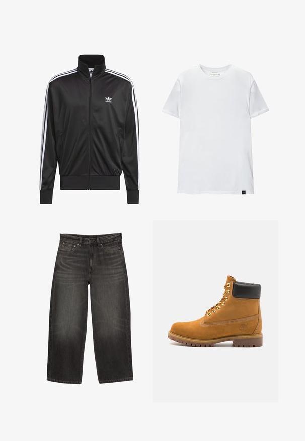 Giacca nera in poliestere con zip e collo alto, design a tre strisce bianche lungo le maniche e piccolo logo Adidas bianco sul lato sinistro del petto.; T-shirt bianco attillato in cotone. Collo rotondo, maniche corte, texture liscia. Piccola etichetta nera al fondo. Design semplice.; Jeans in denim neri a gamba larga con tasche anteriori, passanti per cintura e chiusura a bottone, che mostrano una leggera scoloritura e pieghe.; Stivale alla caviglia in suede tan con collare imbottito nero, occhielli in metallo dorato, dettagli in cucitura bianca e suola in gomma robusta con battistrada pronunciato.