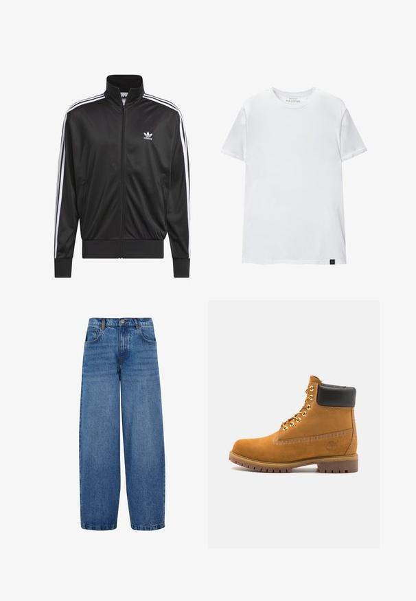 Czarna kurtka polarowa z zamkiem błyskawicznym i wysokim kołnierzem, biała trójpasowa linia wzdłuż rękawów oraz małe białe logo Adidas na lewej piersi.; Biała koszulka dopasowana z bawełny. Okrągły dekolt, krótkie rękawy, gładka faktura. Mała czarna metka z logo na dole. Prosty design.; Jeansy z szerokimi nogawkami w średnio niebieskim denimu. Posiadają wysoką talię, klasyczny pięciokieszeniowy design oraz subtelne wyblaknięcia wzdłuż nogawek. Standardowe wykończenie dołu.; Beżowe zamszowe botki sięgające kostki z czarną wyściełaną krawędzią, złotymi oczkami, białymi detalami szycia oraz wytrzymałą gumową podeszwą z wyraźnym bieżnikiem.