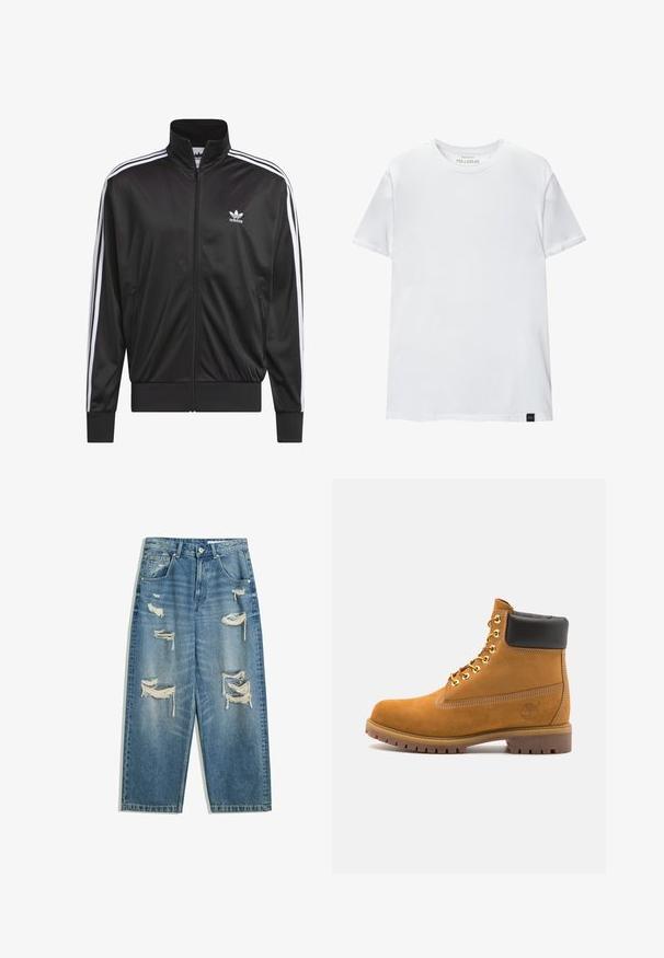 Crna poliester jakna s patentnim zatvaračem i visokim ovratnikom, bijeli dizajn s tri pruge duž rukava i mali bijeli Adidas logo na lijevoj strani prsnog koša.; Bijela majica uskog kroja od pamuka. Okrugli izrez, kratki rukavi, glatka tekstura. Mali crni logo na rubu. Jednostavan dizajn.; Plave traperice s više velikih izgrebanih i poderanih područja na prednjim bedrima i koljenima, ravnog kroja, s klasičnim dizajnom s pet džepova.; Antracitne antilop čizme do gležnjeva s crnim podstavljenim ovratnikom, zlatnim metalnim rupicama, bijelim šavovima i robusnom gumenom potplatom s izraženim šarama.