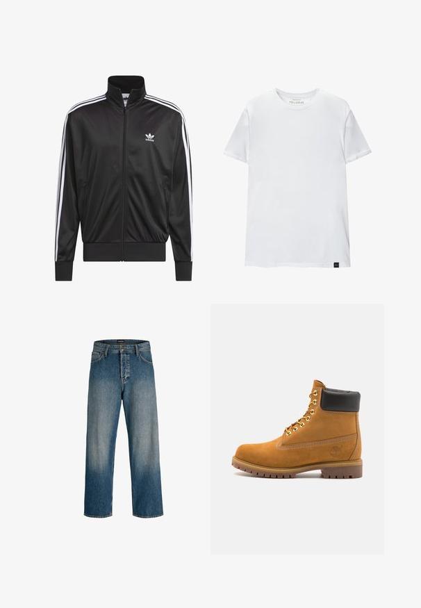 Giacca nera in poliestere con zip e collo alto, design a tre strisce bianche lungo le maniche e piccolo logo Adidas bianco sul lato sinistro del petto.; T-shirt bianco attillato in cotone. Collo rotondo, maniche corte, texture liscia. Piccola etichetta nera al fondo. Design semplice.; Jeans in denim blu con vestibilità rilassata, design a gamba dritta, leggera scoloritura sottile e un'etichetta marchiata sulla cintura per un tocco di originalità.; Stivale alla caviglia in suede tan con collare imbottito nero, occhielli in metallo dorato, dettagli in cucitura bianca e suola in gomma robusta con battistrada pronunciato.