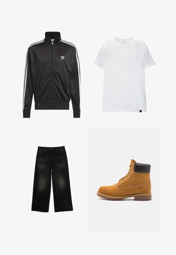 Fekete poliészter zipzáros dzseki magas gallérral, fehér háromsávos mintázattal az ujjak mentén, és kisméretű fehér Adidas logóval a bal mellrészen.; Fehér, izmos szabású póló, tiszta pamutból készült. Kerek nyak, rövid ujjú, sima tapintású. Kis fekete logó címke az alsó szegélyen. Egyszerű dizájn.; Fekete farmer széles lábú nadrág, közepes derékkal, öt zsebet tartalmaz, finom kopással a térdeknél és nyers végű részletezéssel.; Barna velúr bokacipő fekete párnázott gallérral, arany fém fűzőlyukakkal, fehér varrási részletekkel és durva gumitalppal, amelynek kifejezett barázdái vannak.