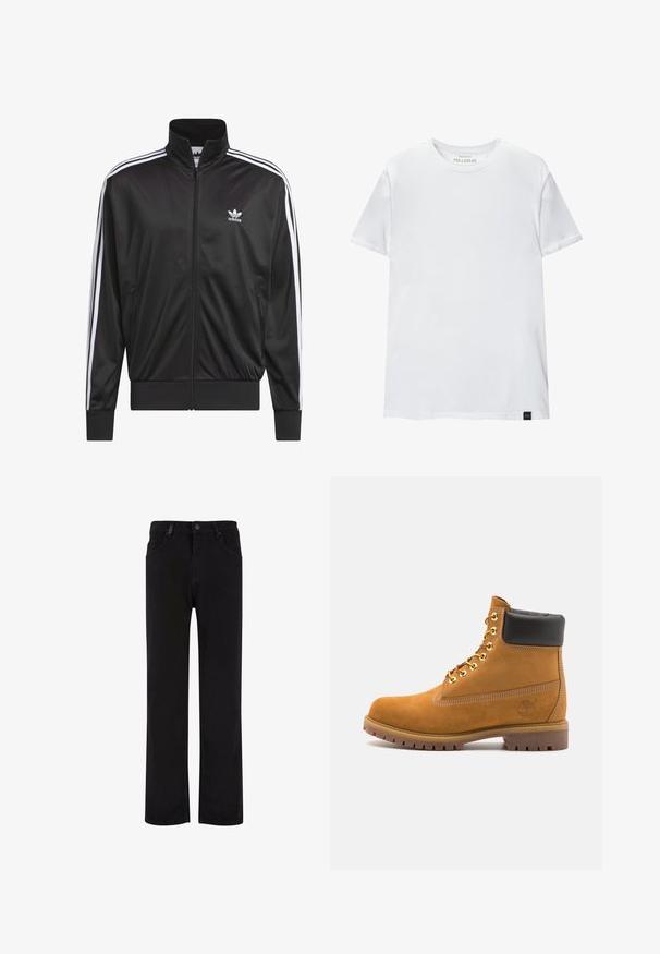 Crna poliester jakna s patentnim zatvaračem i visokim ovratnikom, bijeli dizajn s tri pruge duž rukava i mali bijeli Adidas logo na lijevoj strani prsnog koša.; Bijela majica uskog kroja od pamuka. Okrugli izrez, kratki rukavi, glatka tekstura. Mali crni logo na rubu. Jednostavan dizajn.; Crne traperice s ravnim krojem, s gumbom za zatvaranje, petljama za remen i prednjim dzepovima. Glatka tekstura i ujednačena boja.; Antracitne antilop čizme do gležnjeva s crnim podstavljenim ovratnikom, zlatnim metalnim rupicama, bijelim šavovima i robusnom gumenom potplatom s izraženim šarama.