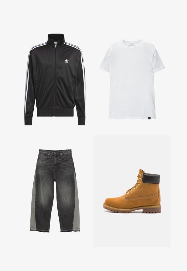 Zwarte polyester zip-up jas met hoge kraag, witte drie-strepen ontwerp langs de mouwen en klein wit Adidas-logo op de linkerbovenborst.; Witte spiergetailleerde t-shirt van katoen. Ronde hals, korte mouwen, gladde textuur. Klein zwart logo-label aan de zoom. Eenvoudig ontwerp.; Wijdvallende jeans in donkergrijs denim met contrasterende lichtgrijze zijpanelen. Ruwe zoomdetails benadrukken het unieke ontwerp. Vijf zakken stijl.; Tan suède enkelboot met zwart gevoerd kraagje, gouden metalen oogjes, witte stikdetails en een robuuste rubberen zool met uitgesproken profiel.