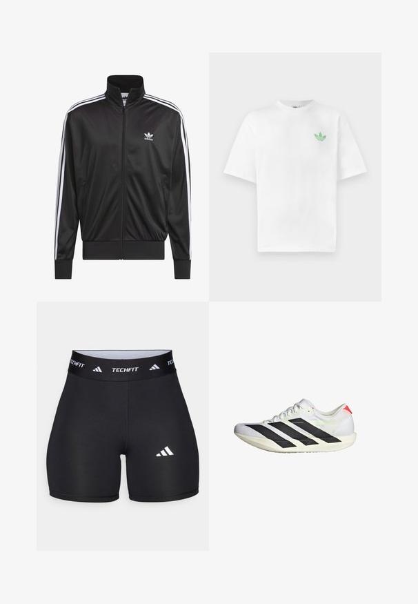 Giacca nera in poliestere con zip e collo alto, design a tre strisce bianche lungo le maniche e piccolo logo Adidas bianco sul lato sinistro del petto.; T-shirt bianco in cotone con maniche corte e scollo rotondo. Piccolo logo verde sul lato sinistro del petto. Texture liscia.; Shorts neri realizzati in tessuto elastico con un design aderente. Presentano una larga fascia in vita nera etichettata "TECHFIT" e un logo bianco sulla gamba.; Scarpa da corsa bianca con strisce nere, tomaia in rete testurizzata, suola piatta e dettagli riflettenti. Presenta un design aerodinamico e chiusura con lacci.