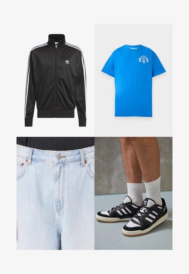 Μαύρο τζάκετ από πολυεστέρα με φερμουάρ και ψηλό γιακά, λευκή τριπλή ρίγα κατά μήκος των μανικιών και μικρό λευκό λογότυπο Adidas στο αριστερό στήθος.; Μπλε βαμβακερό μπλουζάκι κοντομάνικο. Διαθέτει μια λευκή γραφιστική σχεδίαση στο μπροστινό μέρος, που απεικονίζει έναν χαρακτήρα με ακουστικά και μια αψίδα.; Ανοιχτό μπλε τζιν παντελόνι με φθαρμένο στρίφωμα, κλείσιμο με ασημένιο κουμπί και ροζ-χάλκινες ακίδες. Διαθέτει ορατές ραφές και μπροστινές τσέπες.; Μαύρα και λευκά αθλητικά παπούτσια με άνω μέρος από σουέτ και δέρμα, featuring τρεις λευκές ρίγες, περατά δάχτυλα και σόλα από καουτσούκ τύπου γκαστ.