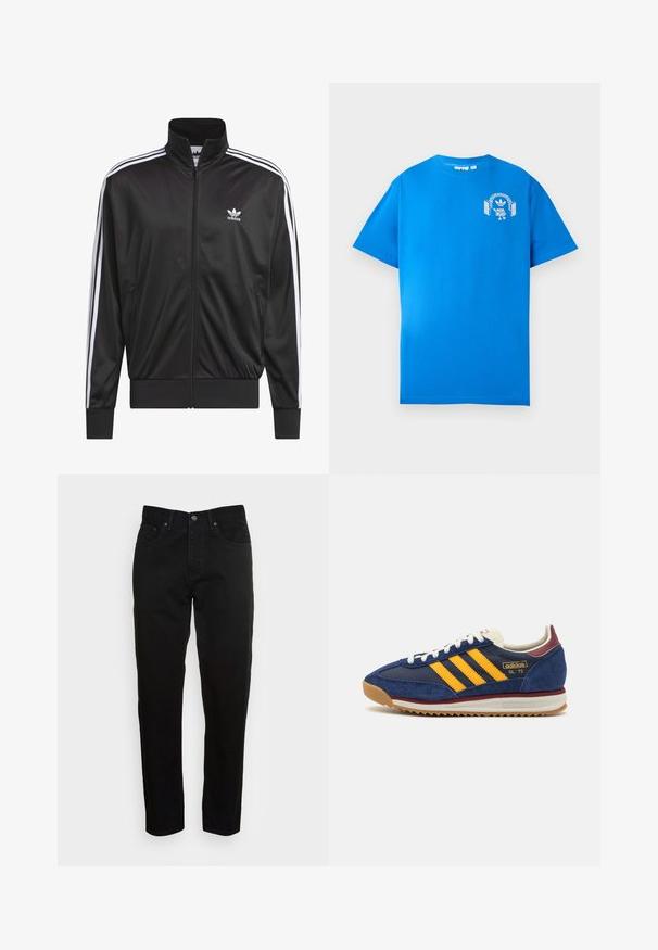 Juodas poliesterinis užtrauktukas su aukštu apykakle, baltos trijų juostelių dizainas palei rankoves ir mažas baltas Adidas logotipas kairiajame krūtinės pusėje.; Mėlyna medvilninė marškinė su trumpomis rankovėmis. Priekyje yra balta grafikų dizaino detalė, vaizduojanti personažą su ausinėmis ir arka.; Juodos lieknos džinsinės kelnės su priekine mygtukų uždarymo sistema ir penkių kišenių dizainu, rodomos prieš paprastą šviesiai pilką foną.; Jūrinis nubuko sportbačių modelis su geltonomis juostelėmis, baltais raišteliais ir bordo akcentais. Su tekstūruota padanga su grioveliais, užtikrinančiais sukibimą. Prekės ženklas ant šono.