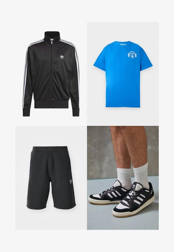Jaqueta preta em poliéster com fecho, gola alta, design de três riscas brancas nas mangas e pequeno logótipo Adidas branco no lado esquerdo do peito.; Camiseta de algodão azul com mangas curtas. Apresenta um design gráfico branco na parte da frente, exibindo um personagem com auscultadores e um arco.; Calções pretos de jersey com uma cintura elástica, bolsos laterais e logótipo da Adidas em branco na parte inferior esquerda. Tecido macio e corte até ao joelho.; Ténis em preto e branco com upper em camurça e couro, apresentando três riscas brancas, um toe perfurado e uma sola em borracha de goma.