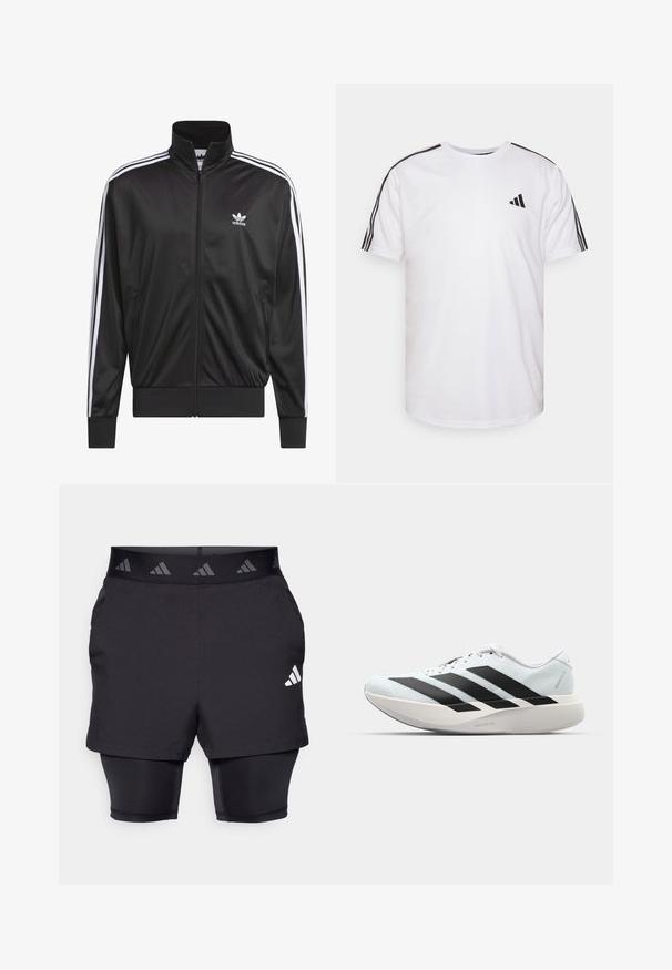 Juodas poliesterinis užtrauktukas su aukštu apykakle, baltos trijų juostelių dizainas palei rankoves ir mažas baltas Adidas logotipas kairiajame krūtinės pusėje.; Balta medvilninė marškinėliai su apvalia iškirpte, trumpomis rankovėmis ir juodomis trimis juostelėmis ant pečių; turi mažą juodą logotipą.; Juodi sportiniai šortai su vidiniu sluoksniu. Textūruotas audinys išoriniuose šortuose, su raštuotu elastiniu juosmeniu ir logotipo akcentu.; Lengvi bėgimo batai šviesiai mėlynos spalvos su juodomis juostelėmis. Yra lygus viršus, apvalus pirštas ir storas baltas vidpadis su užrašu "LIGHTSTRIKE PRO."