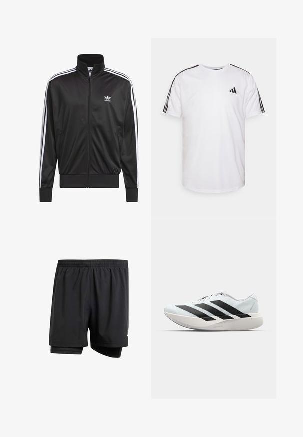 Crna poliester jakna s patentnim zatvaračem i visokim ovratnikom, bijeli dizajn s tri pruge duž rukava i mali bijeli Adidas logo na lijevoj strani prsnog koša.; Bijela majica izrađena od pamuka, s okruglim izrezom, kratkim rukavima i crnim trostrukim detaljima na ramenima; sadrži mali crni logo.; Crne atletske kratke hlače s elastičnom waistband-om, unutarnjom podstavom i malim logotipom sa strane. Lagana tkanina i širok kroj.; Lagane tenisice za trčanje u svijetloplavoj boji s crnim trakama. Imaju glatku gornju površinu, okrugli vrh i debeli bijeli srednji sloj označen "LIGHTSTRIKE PRO."