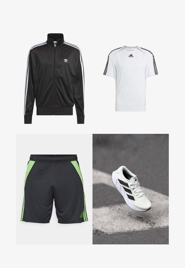 Černá polyesterová bunda na zip s vysokým límcem, bílý design tří pruhů podél rukávů a malé bílé logo Adidas na levé hrudi.; Bílý krátký sportovní rukáv s černými akcenty tří pruhů Adidas na ramenou, vyrobený z hladké a lehké tkaniny.; Černé sportovní šortky se zelenými bočními akcenty a pruhy. Vyrobené z lehkého materiálu, s elastickým pasem pro pohodlí.; Bílé sportovní boty s texturovanou síťovinou, černými pruhy, šněrováním a polstrovanou podrážkou, levitující nad vyznačeným povrchem silnice.