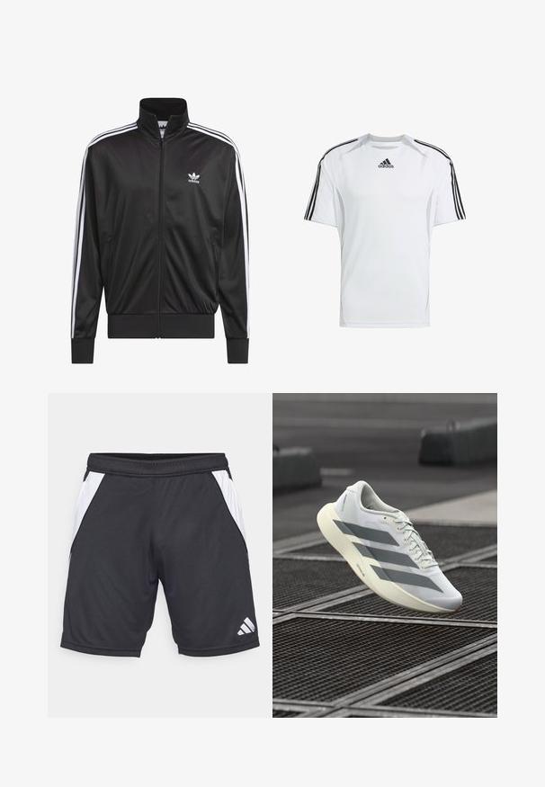Musta polyesteristä valmistettu vetoketjullinen takki, jossa on korkea kaulus, valkoiset kolme raitaa hihoissa ja pieni valkoinen Adidas-logo vasemmassa rinnassa.; Valkoinen lyhythihainen urheilupaita, jossa on mustat Adidasin kolme raitaa olkapäillä, valmistettu sileästä ja kevyestä kankaasta.; Mustat urheilushortsit, jotka on valmistettu kevyestä kankaasta, valkoisilla sivupaneeleilla ja Adidas-logolla oikeassa alakulmassa. Sisältää joustavan vyötärönauhan.; Valkoinen urheilukenkä, jossa on teksturoitu verkkokangas päällinen, harmaat raidat ja pehmustettu pohja. Kevyt muotoilu, joka sopii juoksuun.