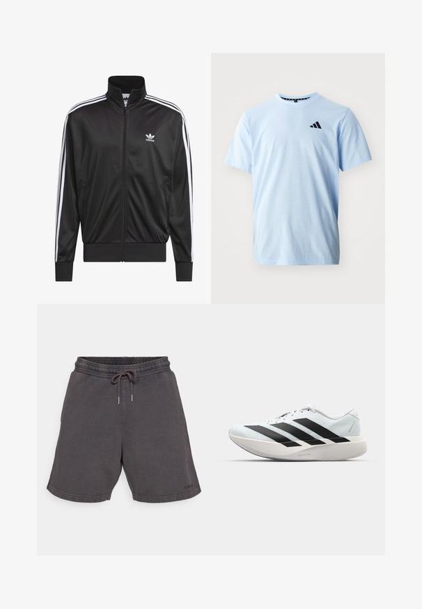 Jaqueta preta em poliéster com fecho, gola alta, design de três riscas brancas nas mangas e pequeno logótipo Adidas branco no lado esquerdo do peito.; T-shirt de algodão azul claro com mangas curtas, gola redonda e detalhe do logótipo preto no peito. Textura suave e corte descontraído.; Calções de treino cinza escuro com uma cintura elástica com cordão, bolsos laterais e um corte descontraído. Tecido suave e texturizado.; Tênis de corrida leves em azul pálido com riscas pretas. Apresentam um cabedal liso, bico redondo e uma entressola espessa branca rotulada como "LIGHTSTRIKE PRO."