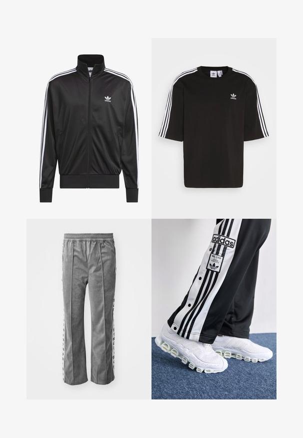 Czarna kurtka polarowa z zamkiem błyskawicznym i wysokim kołnierzem, biała trójpasowa linia wzdłuż rękawów oraz małe białe logo Adidas na lewej piersi.; Czarna koszulka z krótkim rękawem wykonana z bawełny, z białymi trzema paskami na ramionach oraz haftowanym logo Adidas na klatce piersiowej.; Szare spodnie z weluru z elastycznym pasem, z bocznymi paskami z grafiką. Szerokie nogawki, gładka struktura i bez kieszeni.; Czarne i białe spodnie dresowe Adidas z trzema paskami i zatrzaskami, w połączeniu z białymi sneakersami z grubą, tubularną podeszwą.