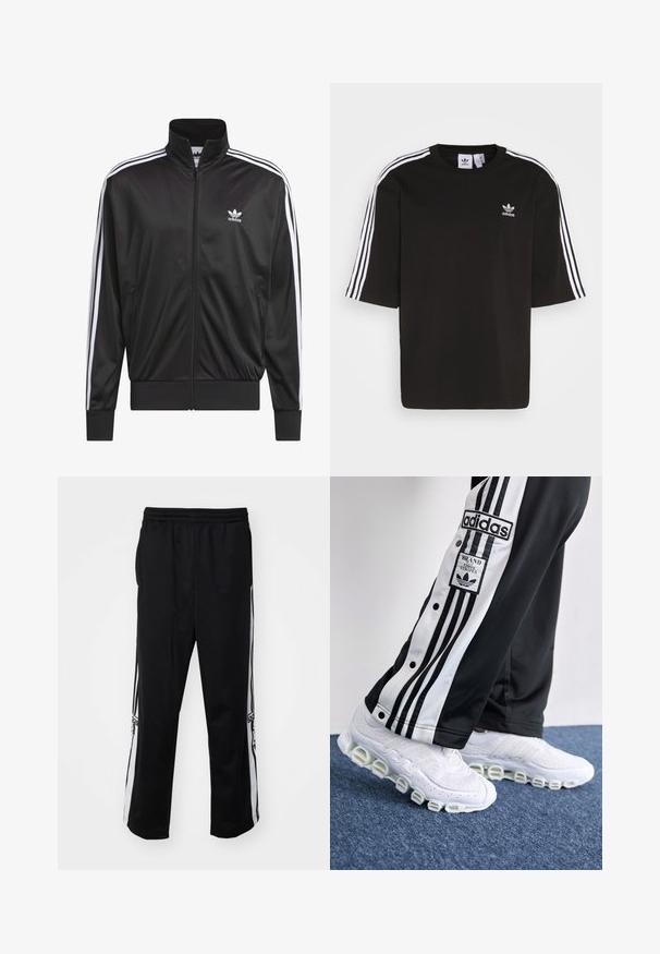 Svart polyester zip-up jakke med høy krage, hvit tre-stripesdesign langs ermene, og liten hvit Adidas-logo på venstre bryst.; Svart kortermet T-skjorte laget av bomull, med hvite tre-striper på skuldrene og et brodert Adidas-logo på brystet.; Svart treningbukser laget av glatt stoff, med hvite sidestriper og elastisk midje for komfort. Ingen bemerkelsesverdige detaljer eller mønstre.; Adidas joggebukser i svart og hvitt med tre striper og trykknapper, sammen med hvite joggesko med tykk, rørformet såle.