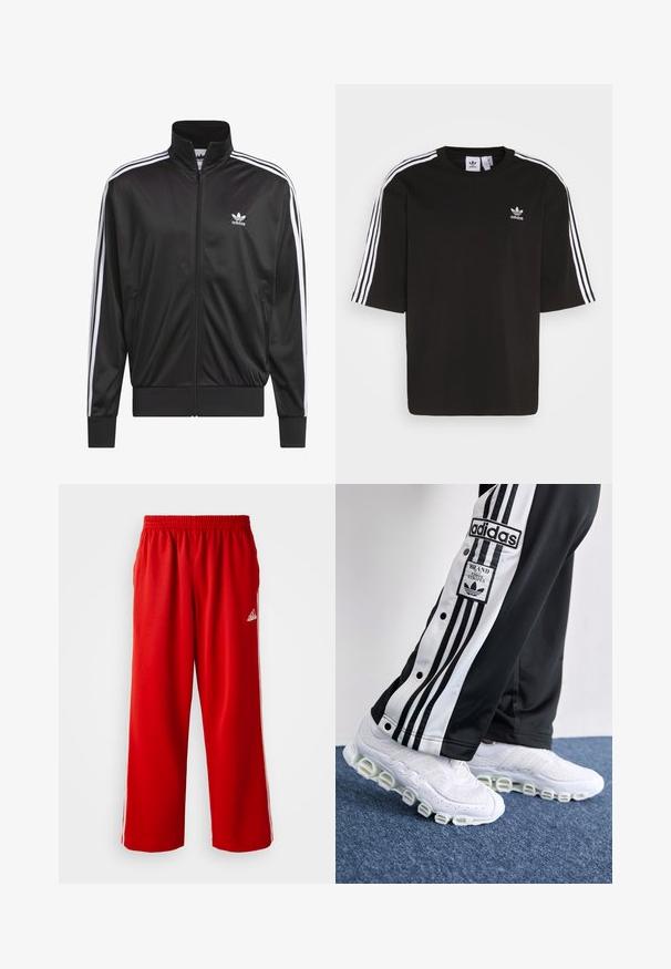 Melnas poliestera zip-up jaka ar augstu apkakli, baltu triju svītru dizainu gar piedurknēm un mazliet baltu Adidas logo kreisajā krūtī.; Melna īsām piedurknēm T-krekls no kokvilnas, ar baltām trīs svītrām uz pleciem un izšūtu Adidas logotipu uz krūtīm.; Sarkanie sporta bikses ar elastīgu jostasvītru, ar baltām sānu svītrām un mazu zīmola logotipu kreisajā gurnā. Izgatavotas no viegla auduma.; Adidas sporta bikses melnā un baltā krāsā ar trim svītrām un pogām, saliktām kreisajā pusē, apvienotas ar baltām sporta kurpēm ar masīvu, cilindrisku zoli.