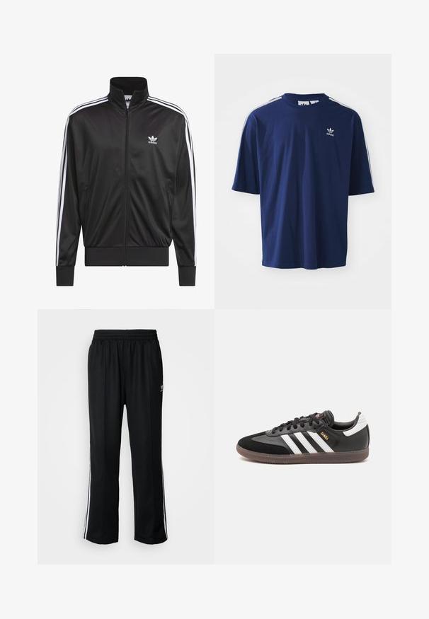 Jaqueta preta em poliéster com fecho, gola alta, design de três riscas brancas nas mangas e pequeno logótipo Adidas branco no lado esquerdo do peito.; T-shirt de algodão azul-marinho com mangas curtas, gola redonda, três riscas brancas nos ombros e um pequeno logótipo branco no peito.; Calças atléticas pretas com um cós elástico, apresentando riscas brancas laterais e um pequeno logótipo. O material parece macio e leve.; Sapatilhas de couro preto e camurça com três riscas brancas, sola de borracha e texto dourado "Samba" na lateral. Design com atacadores, biqueira texturizada.