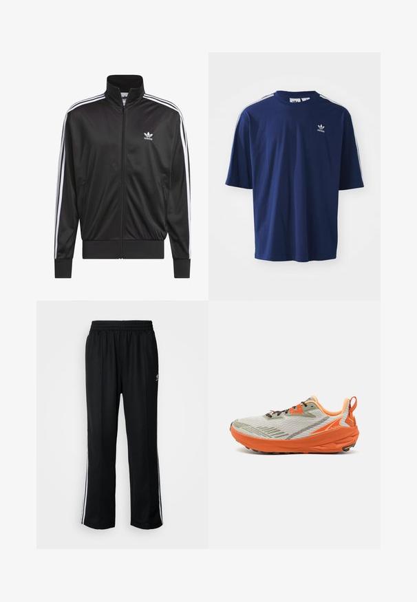 Fekete poliészter zipzáros dzseki magas gallérral, fehér háromsávos mintázattal az ujjak mentén, és kisméretű fehér Adidas logóval a bal mellrészen.; Navy kék pamut póló rövid ujjal, kerek nyakkal, három fehér csíkkal a vállakon és egy apró fehér logóval a mellkason.; Fekete sportnadrág rugalmas derékrésszel, fehér oldalsávokkal és egy kis logóval. Az anyaga lágy és könnyűnek tűnik.; Altra EXPERIENCE WILD - Terepfutó cipők - gray/orange