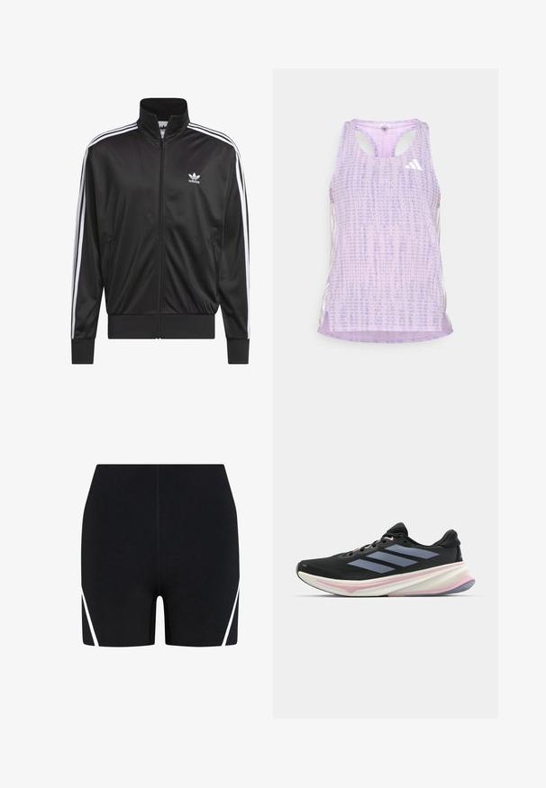 Fekete poliészter zipzáros dzseki magas gallérral, fehér háromsávos mintázattal az ujjak mentén, és kisméretű fehér Adidas logóval a bal mellrészen.; Lila sportos trikó, mintás, struktúrált anyagból. Kivágott oldalai és egy apró fehér logó található az elején.; Fekete fürdőnadrág magas derekkal, fehér átlós díszítéssel az oldalakon. Sima, rugalmas anyag, testhezálló fazon.; Fekete sportcipők hálós felsőrésszel, szürke csíkokkal, fehér középtalppal rózsaszín részletekkel és texturált talppal.