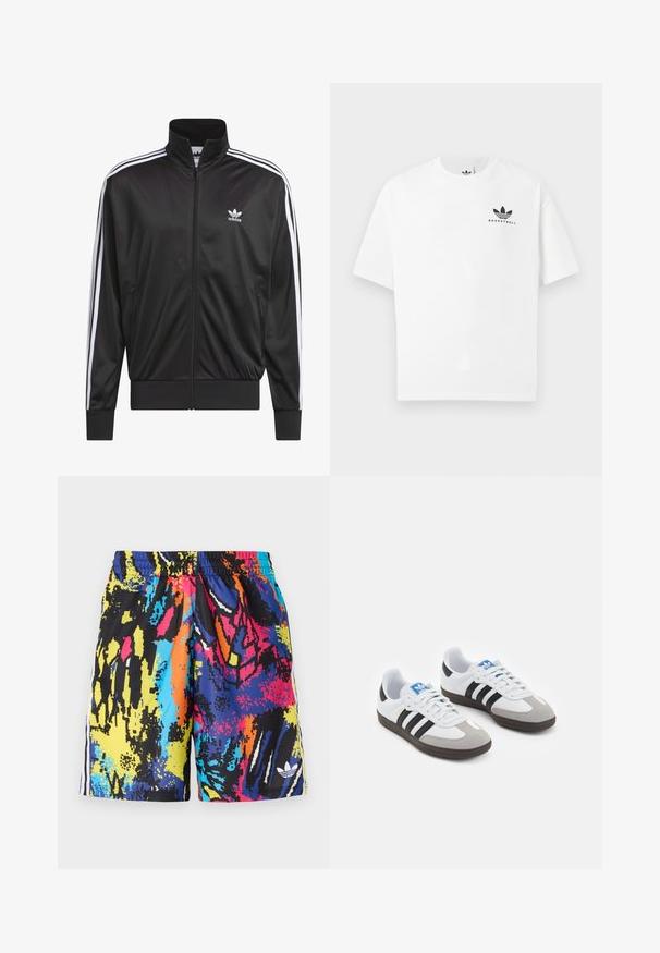Zwarte polyester zip-up jas met hoge kraag, witte drie-strepen ontwerp langs de mouwen en klein wit Adidas-logo op de linkerbovenborst.; Witte katoenen t-shirt met korte mouwen, voorzien van een zwart "BASKETBALL" logo en het iconische drie-streependesign aan de voorkant.; Multikleurige zwembroek met een abstract patroon in zwart, blauw, geel, roze en oranje. Elastaan tailleband met zijstripes.; Sportschoenen met een witte leren bovenkant, grijze suède neus en drie zwarte strepen. Bevat een blauw logo op de tong en een gestructureerde rubberen zool.
