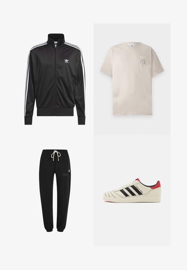 Black polyester zip-up jacket with high collar, white three-stripe design along sleeves, and small white Adidas logo on left chest.; Beige cotton t-shirt with a round neck, short sleeves, and a subtle graphic logo on the left chest. Soft texture, simple design.; Black sweatpants made of soft fabric, featuring an elastic waistband with a drawstring, elastic cuffs, and a small embroidered logo detail.; Cream leather sneakers with black stripes, red heel accents, and textured details. Features a rubber sole and lace-up closure.