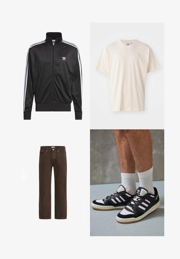 Melnas poliestera zip-up jaka ar augstu apkakli, baltu triju svītru dizainu gar piedurknēm un mazliet baltu Adidas logo kreisajā krūtī.; Krēma krāsas kokvilnas T-krekls ar apaļu kakla izgriezumu un īsām piedurknēm; tam ir neliels, gaišas krāsas logo uz krūtīm.; Brūni džinsi ar taisnu piegriezumu, piecu kabatu dizains un metāla aksesuāri. Iekļautas pogu aizdares un zīmola jostas birka.; Melnas un baltas kedas ar zamša un ādas augšdaļu, kas aprīkotas ar trim baltām svītrām, perforētu purngali un gumijas zolēm.