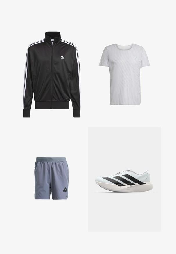 Black polyester zip-up jacket with high collar, white three-stripe design along sleeves, and small white Adidas logo on left chest.; White short-sleeve t-shirt with a subtle striped texture and a crew neckline. Features a small logo on the left chest area.; Gray athletic shorts with an elastic waistband, textured fabric, side pockets, and a black logo on the lower left leg.; Lightweight running shoes in pale blue with black stripes. Features a smooth upper, round toe, and thick white midsole labeled "LIGHTSTRIKE PRO."