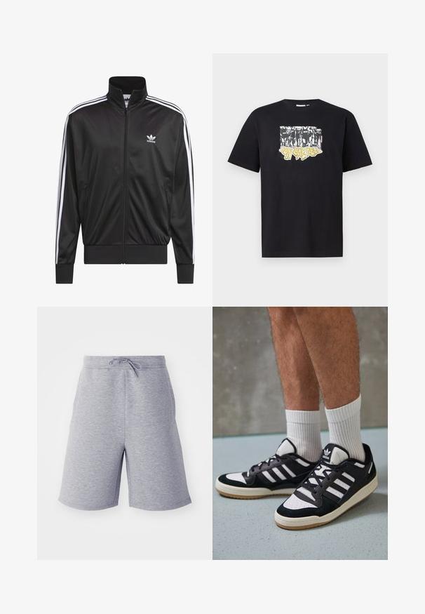 Schwarze Polyester-Jacke mit Reißverschluss und hohem Kragen, weißem Dreistreifen-Design an den Ärmeln und kleinem weißen Adidas-Logo auf der linken Brust.; Schwarzes Baumwoll-T-Shirt mit einem grafischen Druck in Weiß und Gelb, versehen mit dem Text "IRON LIKE HELL" und einem Design von Silhouetten.; Graue Baumwollmischung-Shorts mit elastischem Bund und verstellbarem Kordelzug. Verfügt über seitliche Taschen und ein gerades Schnittdesign.; Schwarz-weiße Sneaker mit einem Obermaterial aus Wildleder und Leder, ausgestattet mit drei weißen Streifen, einer perforierten Zehenpartie und einer Sohle aus Gummi.