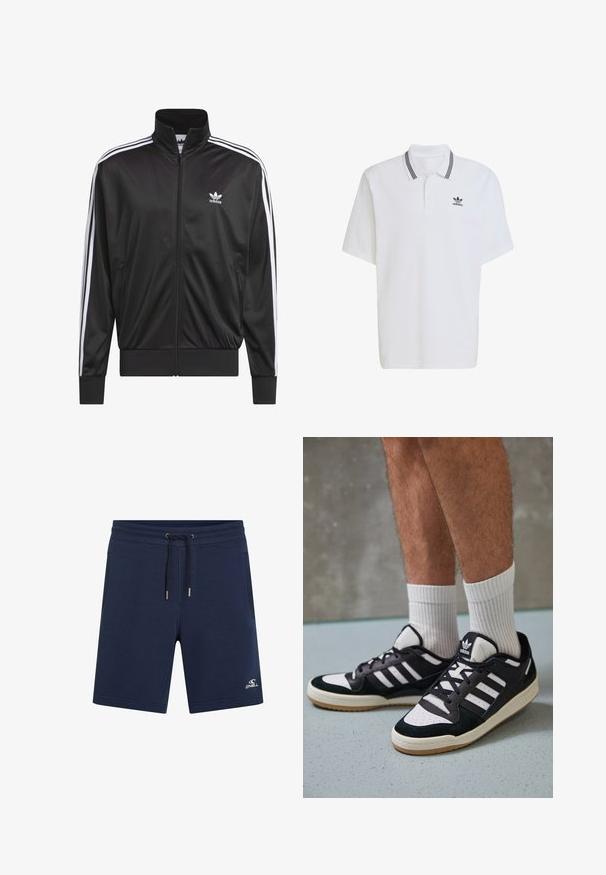 Veste zippée en polyester noir avec col montant, design à trois rayures blanches le long des manches et petit logo Adidas blanc sur la poitrine gauche.; Polo blanc en coton, avec un col côtelé à rayures noires et un petit logo noir sur la poitrine à gauche. Manches courtes.; Shorts en coton bleu marine avec une taille élastique, fermeture à cordon, poches latérales et logo blanc sur le bas de la jambe gauche.; Baskets noir et blanc avec une tige en suède et cuir, comportant trois rayures blanches, un bout perforé et une semelle en caoutchouc gum.
