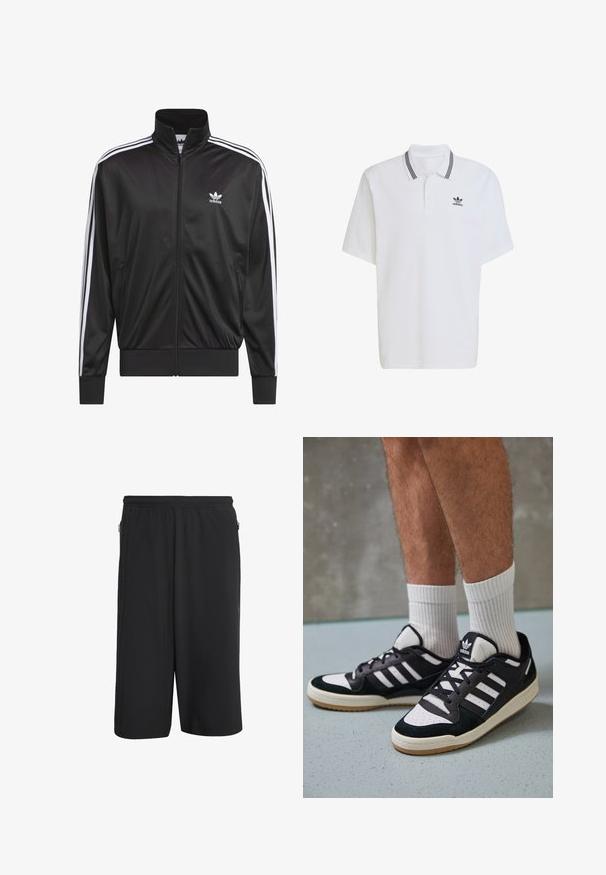 Fekete poliészter zipzáros dzseki magas gallérral, fehér háromsávos mintázattal az ujjak mentén, és kisméretű fehér Adidas logóval a bal mellrészen.; Fehér pamut póló, bordázott gallérral, fekete csíkokkal és egy kis fekete logóval a bal mellrészen. Rövid ujjú.; Fekete sportos rövidnadrág, elasztikus derékkal, oldalsó cipzárakkal és sima, könnyű anyaggal. Egyszerű, funkcionális dizájn.; Fekete-fehér tornacipők velúr és bőr felsőrésszel, három fehér csíkkal, perforált orral és gumi talppal.