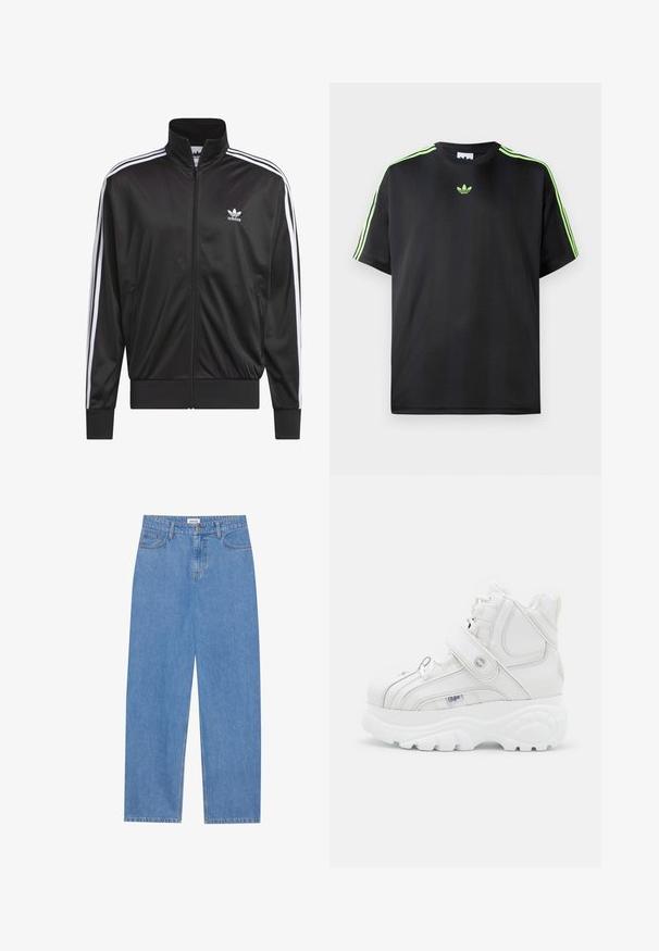 Crna poliester jakna s patentnim zatvaračem i visokim ovratnikom, bijeli dizajn s tri pruge duž rukava i mali bijeli Adidas logo na lijevoj strani prsnog koša.; Crna majica kratkih rukava od glatkog materijala s okruglim izrezom, sa tri zelene pruge na ramenima i malim zelenim logotipom na prsima.; Svijetloplave traperice ravnog kroja, s dizajnom od pet džepova, zatvorenjem na jedan gumb i suptilnim detaljima šivanja na šavovima.; Bijele visoke tenisice od kože, s remenom na kopčanje, okruglim vrhom, debelim đonom i okomitim šavovima.