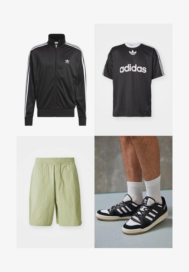Zwarte polyester zip-up jas met hoge kraag, witte drie-strepen ontwerp langs de mouwen en klein wit Adidas-logo op de linkerbovenborst.; Zwarte t-shirt met korte mouwen, voorzien van een witte "adidas" logo en drie strepen op elke schouder. Gemaakt van glad, lichtgewicht materiaal met een ronde hals.; Lichtgroene shorts van een textiele stof, met een elastische tailleband en zijzakken. Het ontwerp heeft een subtiel wafelpatroon.; Zwart-witte sneakers met een bovenwerk van suede en leer, voorzien van drie witte strepen, een geperforeerde neus en een rubberen gumzool.