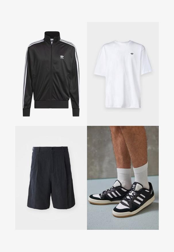 Black polyester zip-up jacket with high collar, white three-stripe design along sleeves, and small white Adidas logo on left chest.; White cotton t-shirt with a round neckline and short sleeves, featuring a small black Adidas logo on the chest.; Weekday LOOSE SUIT - Shorts - black; Black and white sneakers with a suede and leather upper, featuring three white stripes, a perforated toe, and a gum rubber sole.