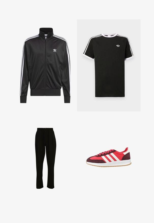Giacca nera in poliestere con zip e collo alto, design a tre strisce bianche lungo le maniche e piccolo logo Adidas bianco sul lato sinistro del petto.; T-shirt nera in cotone con dettagli bianchi. Presenta maniche corte, design raglan e un piccolo logo sul petto. Tre strisce bianche sulle spalle.; Pantaloni neri a coste con vita elastica, dotati di cordino e gamba larga. Il tessuto è morbido con una texture liscia.; Scarpe sportive rosse e marroni con strisce bianche, tomaia in suede e materiali sintetici, suola ammortizzata e suola esterna in gomma testurizzata.