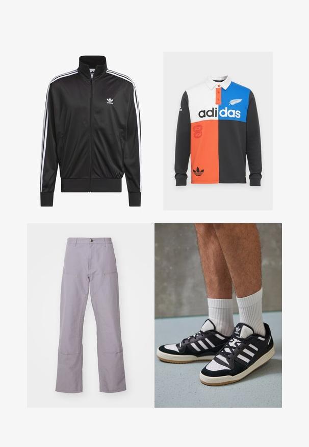 Svart polyester zip-up jacka med hög krage, vit tre-stripes design längs ärmarna, och liten vit Adidas-logga på vänster bröst.; Färgbelagd långärmad polo i svart, vitt, orange och blått, med krage, knappslå och framträdande Adidas-logotyp.; Ljuslila byxor med rak bendesign, som har två framfickor och dekorativ sömnad. Tillverkade av slitstark bomull.; Svartvita sneakers med ovandel i mocka och läder, med tre vita ränder, perforerad tå och sula av gummigummi.