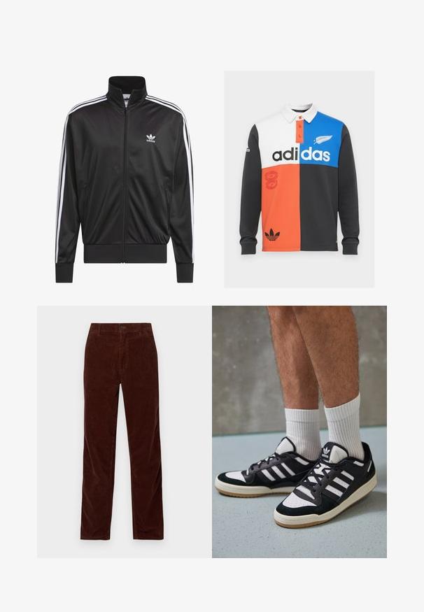 Fekete poliészter zipzáros dzseki magas gallérral, fehér háromsávos mintázattal az ujjak mentén, és kisméretű fehér Adidas logóval a bal mellrészen.; Fekete, fehér, narancs és kék színben színblokkolt hosszú ujjú polo póló, gallérral, gombos légúttal és hangsúlyos Adidas márkajelzéssel.; Carhartt WIP SIMPLE PANT - Nadrágok - offroad rinsed; Fekete-fehér tornacipők velúr és bőr felsőrésszel, három fehér csíkkal, perforált orral és gumi talppal.