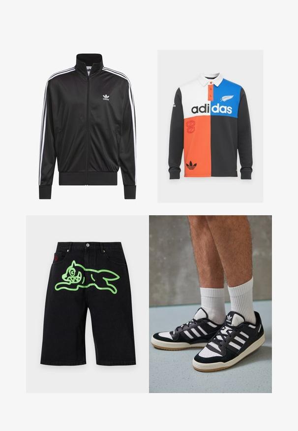 Jaqueta preta em poliéster com fecho, gola alta, design de três riscas brancas nas mangas e pequeno logótipo Adidas branco no lado esquerdo do peito.; Polo de manga longa em cores bloqueadas nas cores preto, branco, laranja e azul, com colarinho, pala com botões e com uma marcação em destaque da Adidas.; Icecream RUNNING DOG - Calções de ganga - black denim; Ténis em preto e branco com upper em camurça e couro, apresentando três riscas brancas, um toe perfurado e uma sola em borracha de goma.