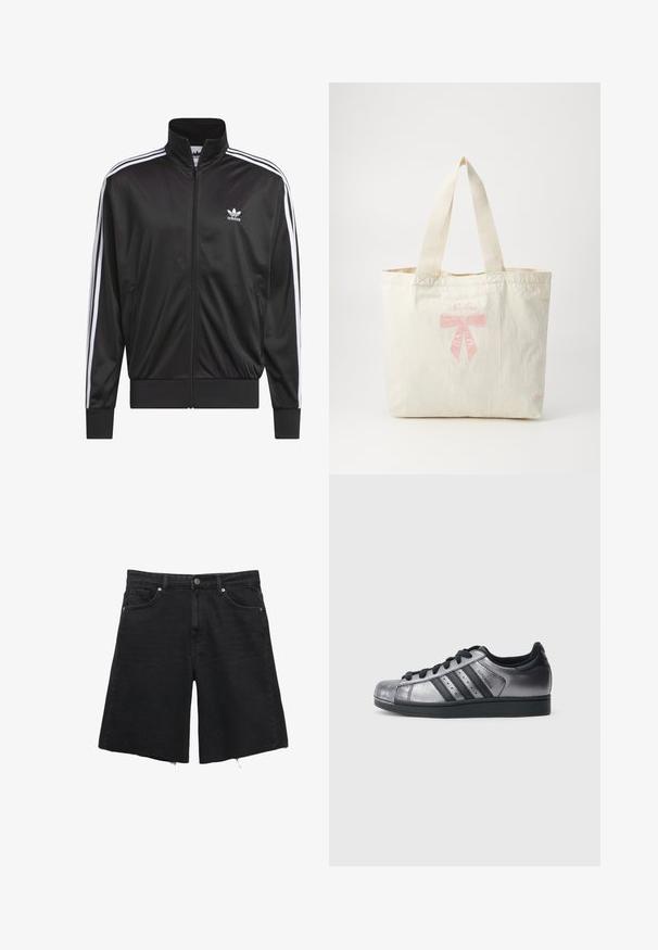 Zwarte polyester zip-up jas met hoge kraag, witte drie-strepen ontwerp langs de mouwen en klein wit Adidas-logo op de linkerbovenborst.; Witte katoenen T-shirt met korte mouwen en een ronde hals. Voorzien van een zwart Adidas-logo op de borst. Eenvoudig, minimalistisch ontwerp.; Zwarte denim shorts met een relaxte pasvorm, voorzien van een knoopsluiting, vijf zakken en een rafelige zoom. Gladde textuur en geen zichtbare patronen.; Zwarte en metallic zilveren sneakers met een ronde neus, drie zwarte strepen en een gestructureerd bovenwerk. Zwarte veters en een rubberen zool.; Crème canvas totebag met een roze geborduurd strikdetail en "New Era" tekst. Stevige hengsels, rechthoekige vorm, zachte textuur.