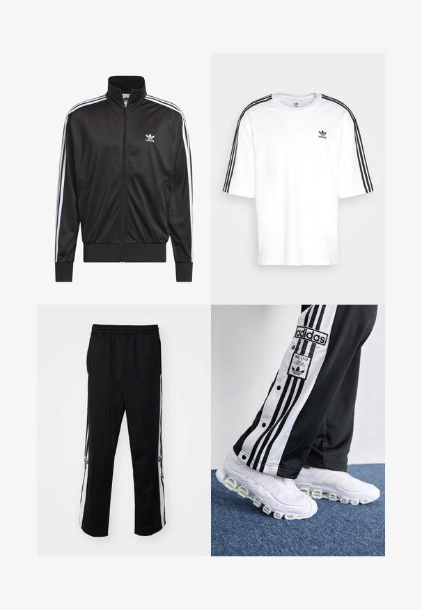 Jaqueta preta em poliéster com fecho, gola alta, design de três riscas brancas nas mangas e pequeno logótipo Adidas branco no lado esquerdo do peito.; T-shirt de manga curta branca com design de três riscas pretas nos ombros e o logótipo da Adidas em preto no peito. Material de algodão macio.; Calças de atletismo pretas, feitas de tecido suave, com riscas brancas nas laterais e um cós elástico para conforto. Sem detalhes ou padrões notáveis.; Calças de treino Adidas em preto e branco com três riscas e botões de pressão, combinadas com ténis brancos com uma sola grossa e tubular.