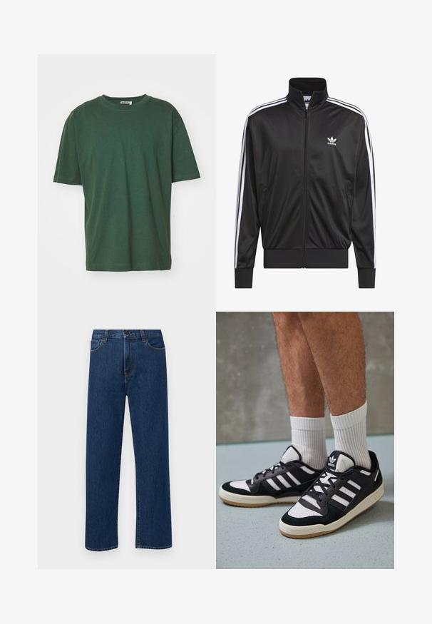 Svart polyester zip-up jakke med høy krage, hvit tre-stripesdesign langs ermene, og liten hvit Adidas-logo på venstre bryst.; Grønn bomulls t-skjorte med klassisk rund hals, korte ermer og avslappet passform. stoffet har en glatt tekstur og ingen synlige mønstre.; Mørkeblå rette jeans i denim med frontlommer og knappelukking, vist på en enkel hvit bakgrunn.; Sorte og hvite sneakers med overdel i semsket skinn og lær, med tre hvite striper, perforert tå og en såle av gummi.