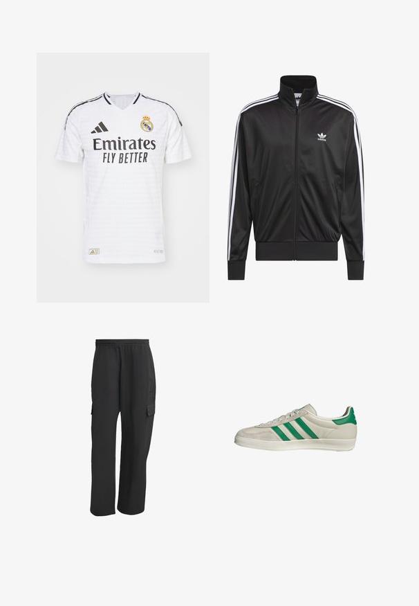 Zwarte polyester zip-up jas met hoge kraag, witte drie-strepen ontwerp langs de mouwen en klein wit Adidas-logo op de linkerbovenborst.; Witte voetbalshirt met een V-hals, zwarte gestreepte accenten, het logo "Emirates Fly Better", het embleem van Real Madrid en een gestructureerde stof.; Zwarte cargobroeken met een elastische tailleband, voorzien van zijzakken, een losse pasvorm en een gestructureerde stof. Ontworpen voor comfort en functionaliteit.; Beige sneaker met groene strepen, voorzien van een witte zool en een bovenkant van glad leer. Zijaanzicht dat de veters en het logo benadrukt.