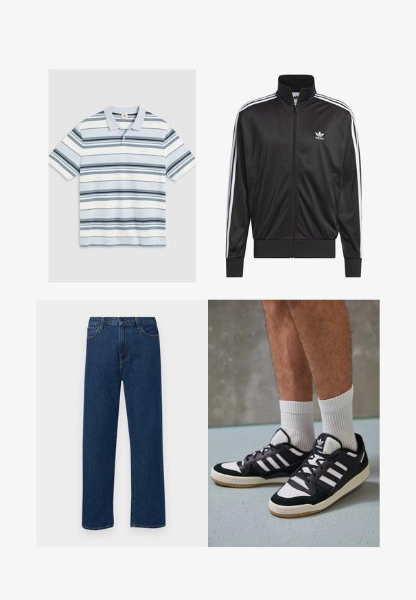 Musta polyesteristä valmistettu vetoketjullinen takki, jossa on korkea kaulus, valkoiset kolme raitaa hihoissa ja pieni valkoinen Adidas-logo vasemmassa rinnassa.; Vaaleansininen poolopaita, jossa on vaakasuoria raitoja tummansinisessä, laivastonsinisessä ja valkoisessa. Varustettu kauluksella, lyhyillä hihoilla ja pienellä logolla rinnassa.; Tummansinisiä suoranlahkeisia farkkuja, joissa on etutaskut ja nappikiinnitys, esiteltynä yksinkertaisella valkoisella taustalla.; Valkoiset ja mustat tennarit, joissa on mokkanahka- ja nahkapäällinen, kolme valkoista raitaa, rei'itetty kärki ja kumipohja.