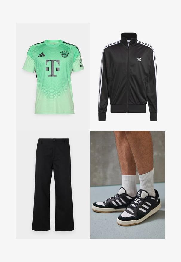 Crna poliester jakna s patentnim zatvaračem i visokim ovratnikom, bijeli dizajn s tri pruge duž rukava i mali bijeli Adidas logo na lijevoj strani prsnog koša.; Pelešasta nogometna majica mint zelene boje s crnim naglasima, s gradijentnim dizajnom, koja ima veliki crni logotip u središtu i timski grb na gornjem lijevom dijelu.; Crne, široke hlače od glatke tkanine. Imaju zatvaranje na dugme sprijeda i standardni pojas. Minimalistički dizajn, bez vidljivih uzoraka.; Crne i bijele tenisice s gornjim dijelom od antilopa i kože, s tri bijele pruge, perforiranim prstom i gumiranim potplatom.