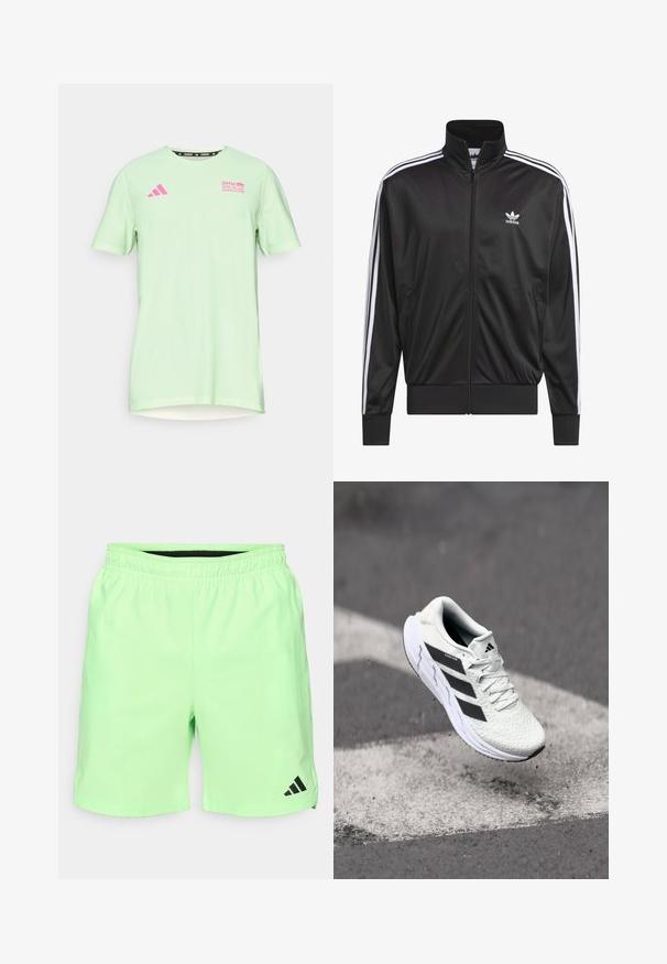 Crna poliester jakna s patentnim zatvaračem i visokim ovratnikom, bijeli dizajn s tri pruge duž rukava i mali bijeli Adidas logo na lijevoj strani prsnog koša.; adidas Performance BER25 TEE - Sportska majica - semi green spark; Svijetlozelene sportske kratke hlače s elastičnom trakom u struku, bočnim džepovima i crnim Adidas logotipom na donjoj lijevoj strani. Glatki, lagani materijal.; Bjela atletska cipela s mrežastim gornjim dijelom s teksturom, crnim prugama, vezanjem na vezice i podstavljenim potplatom, lebdi iznad označene ceste.