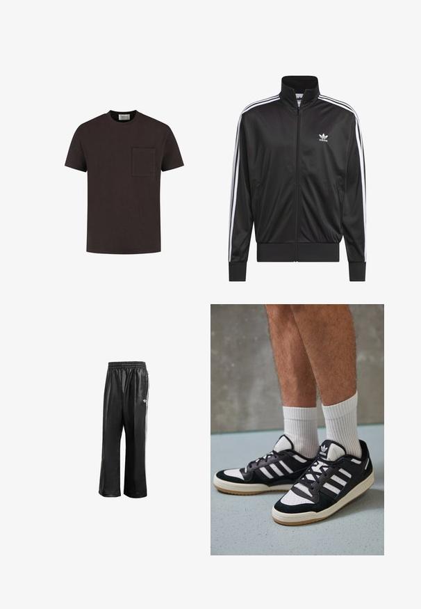 Zwarte polyester zip-up jas met hoge kraag, witte drie-strepen ontwerp langs de mouwen en klein wit Adidas-logo op de linkerbovenborst.; Donkerbruin T-shirt met korte mouwen van gestructureerde stof, met een borstzak en een subtiele logodetail. Klassiek ronde hals ontwerp.; Zwarte synthetische trainingsbroek met een elastische tailleband, voorzien van witte zijstrepen en een klein wit logo op de linkse heup.; Zwart-witte sneakers met een bovenwerk van suede en leer, voorzien van drie witte strepen, een geperforeerde neus en een rubberen gumzool.