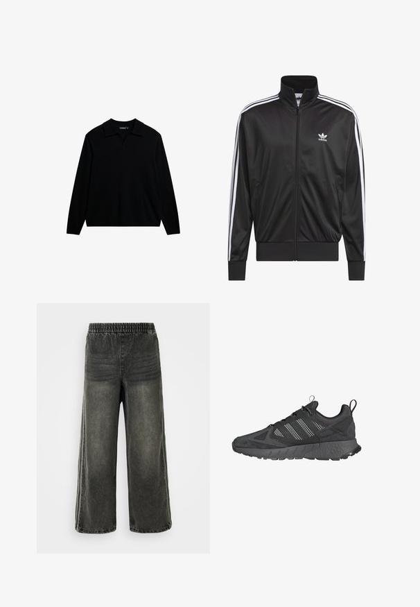 Mustad polüestrist tõmbluku jack, millel on kõrge krae, valge kolmest triibust koosnev disain varrukatel ja väike valge Adidas'i logo vasakul rinnal.; Must have pika, pikad varrukad, valmistatud kootud kangast. Omab kraega kaelaosa ja sirget hemmi, ilma kaunistuste või musterita.; Mustmust värvi denim püksid elastse vöökoha ja laiade jalgadega, millel on külgedel peened vertikaalsed õmblusdetailid.; Mustad mustat spordijalatsid, mille ülemine osa on valmistatud võrgust ja nahast, tekstuuriga kummitald, pehmendatud kaelus ning iseloomulik kolm riba hallis.