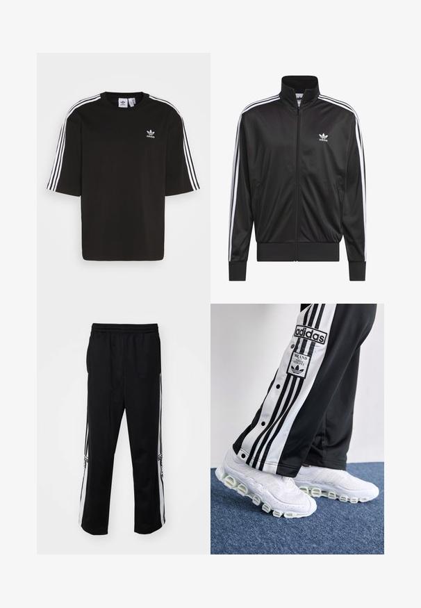 Juodas poliesterinis užtrauktukas su aukštu apykakle, baltos trijų juostelių dizainas palei rankoves ir mažas baltas Adidas logotipas kairiajame krūtinės pusėje.; Juodas trumpomis rankovėmis marškinėliai, pagaminti iš medvilnės, su baltais trijų juostų akcentais ant pečių ir išsiuvinėtu Adidas logotipu ant krūtinės.; Juodos sportinės kelnės, pagamintos iš lygaus audinio, su baltais šonų dryžiais ir elastingu juosmeniu patogumui. Nėra žinomų detalių ar raštų.; Adidas sportinės kelnės juodos ir baltos spalvų su trimis juostelėmis ir spaustukais, derinamos su baltomis sportinėmis bateliais, turinčiais storą, vamzdinę padą.
